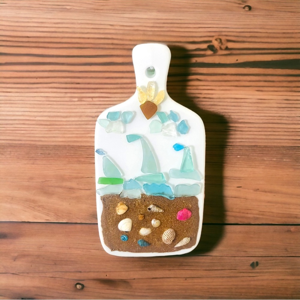 Artisan Crafted Ceramic Board Sailboat Scene W Sea Glass Citrine, Sand Seashells